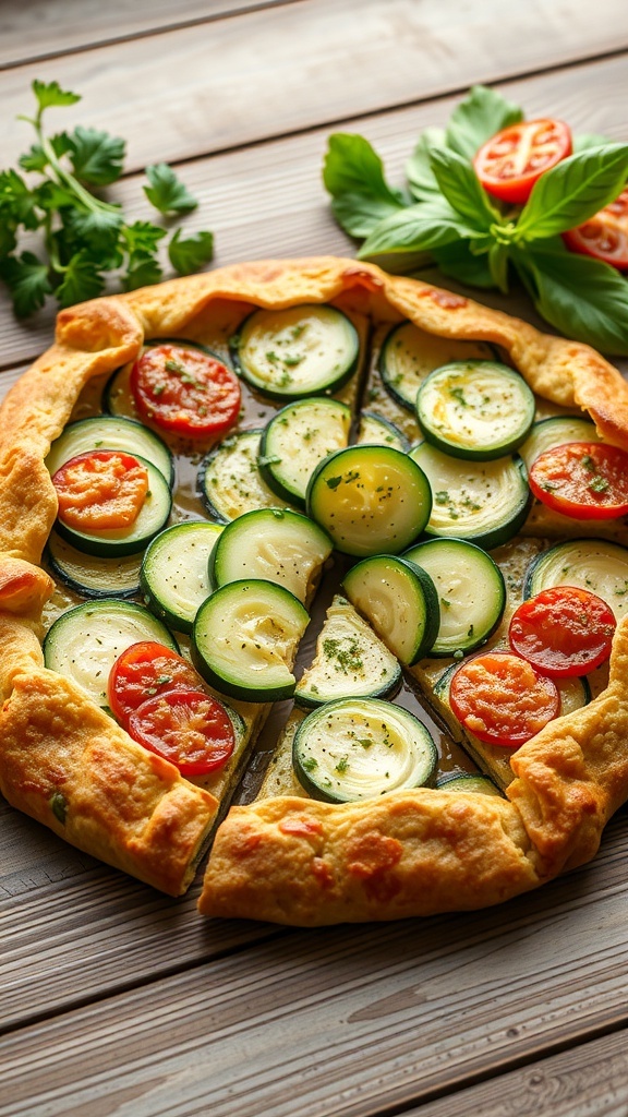 A golden-brown zucchini galette with fresh herbs on a rustic wooden table.